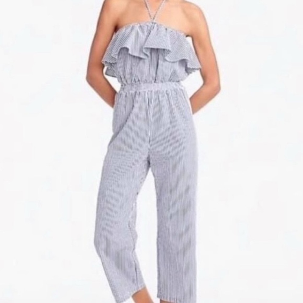 J Crew Blue and White Striped Seersucker Jumpsuit with ruffle Sz XXS